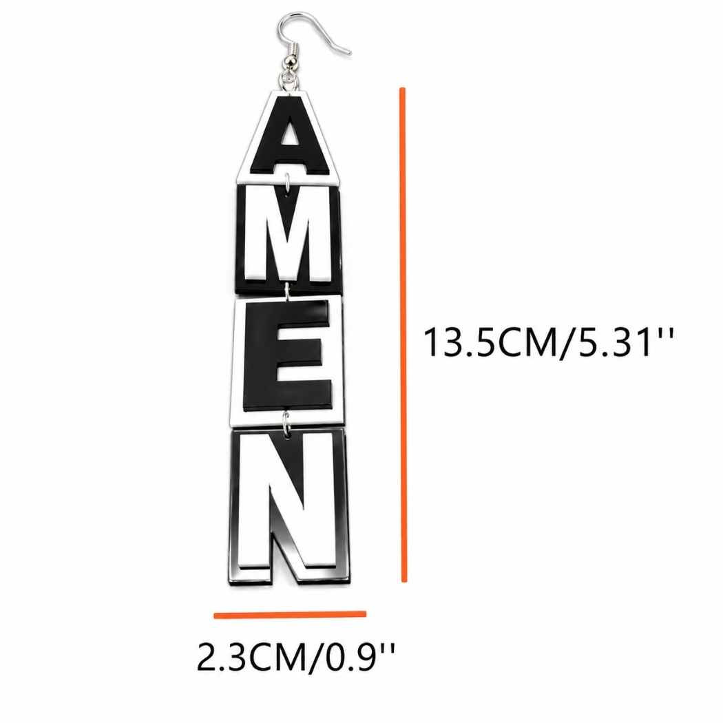 A single drop earring with the word 'AMEN' spelled out in large black letters outlined in silver, shown on a white background with dimension lines indicating 13.5 cm height and 2.