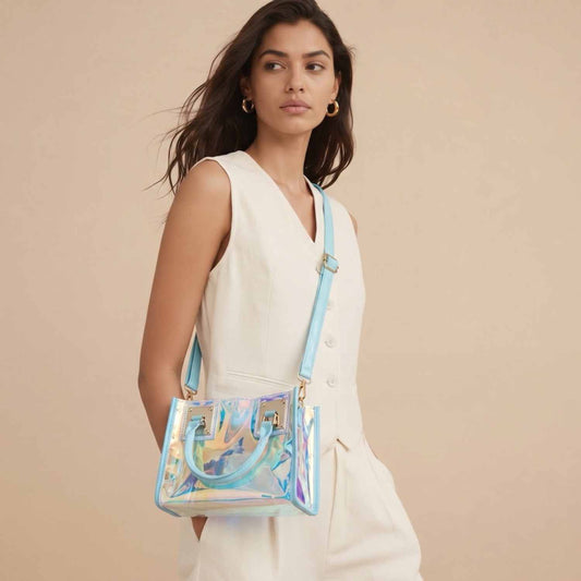 Aura Glow Mini Tote Bag – Iridescent Clear Statement Purse with Matching Pouch