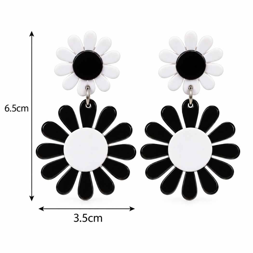Bold floral black and white statement earrings