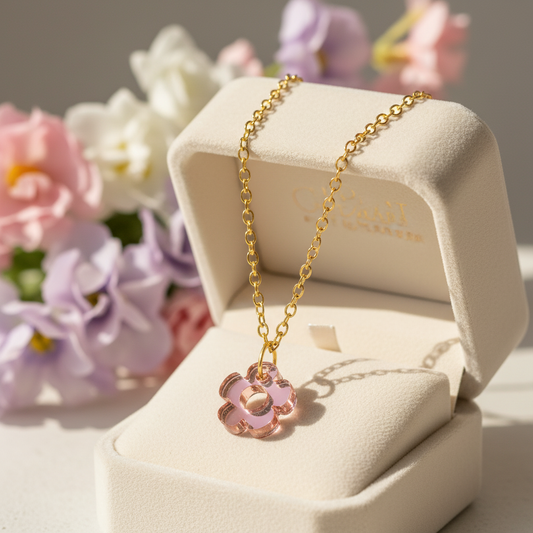 Gold necklace with a flower pink pendant on a beige stand with flowers in the background