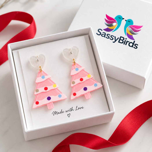Pink acrylic Christmas tree statement earrings with colourful decorations and heart studs