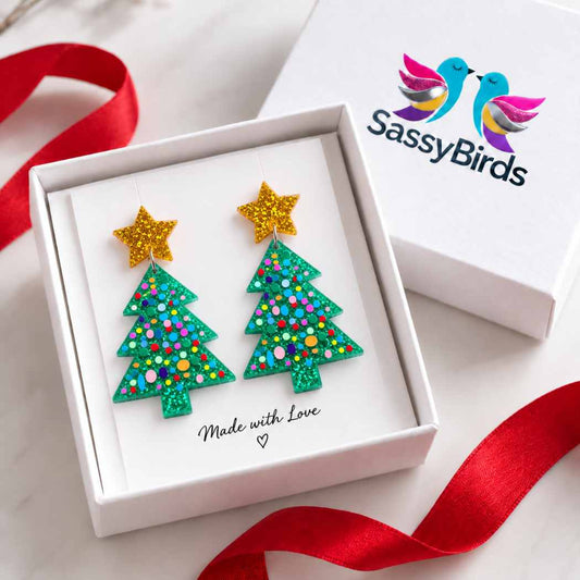 Green glitter acrylic Christmas tree earrings with colourful bauble details and gold glitter star studs