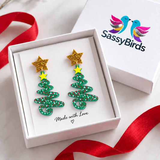 Modern green glitter acrylic Christmas tree earrings with yellow stars and gold glitter star studs