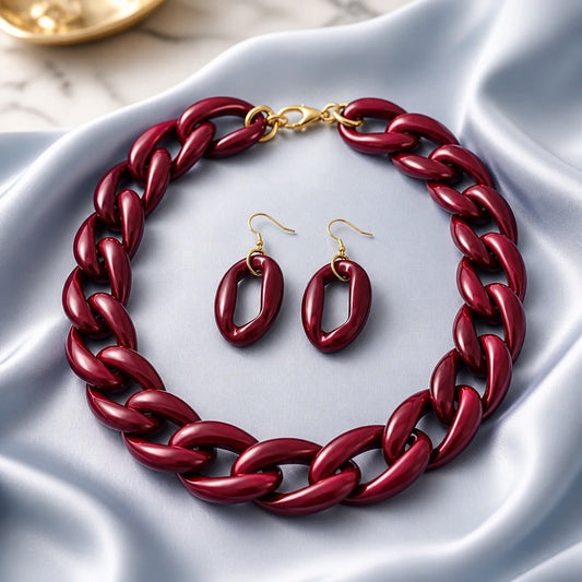 Burgundy Cuban Link Necklace & Earring Set