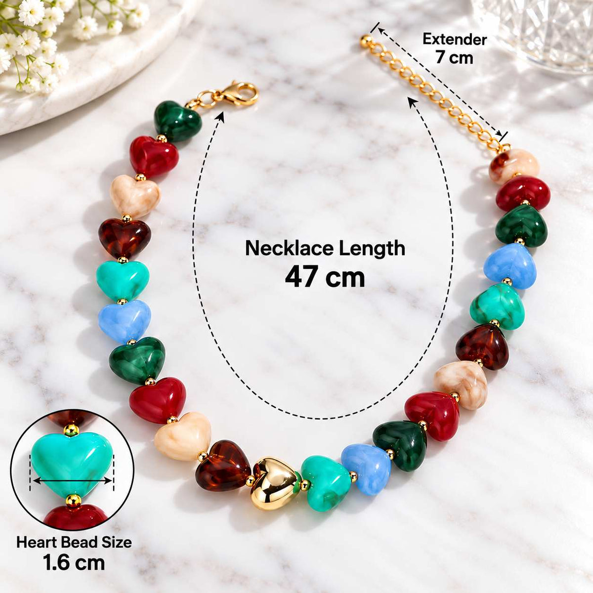 Colour Crush heart necklace with 47 cm chain, 7 cm extender and 1.6 cm heart beads