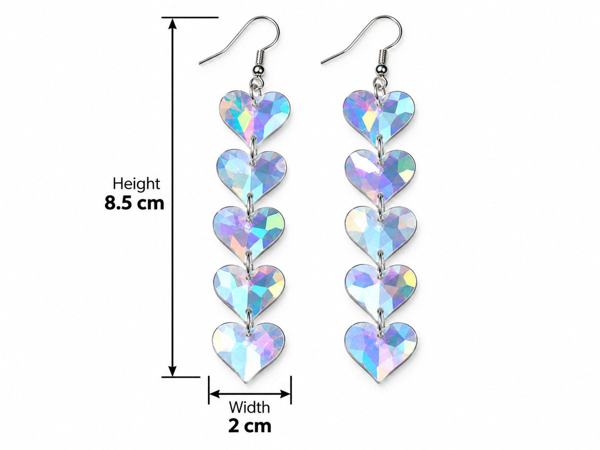 Prism Heart Drop Earrings with five connected acrylic hearts and silver hooks