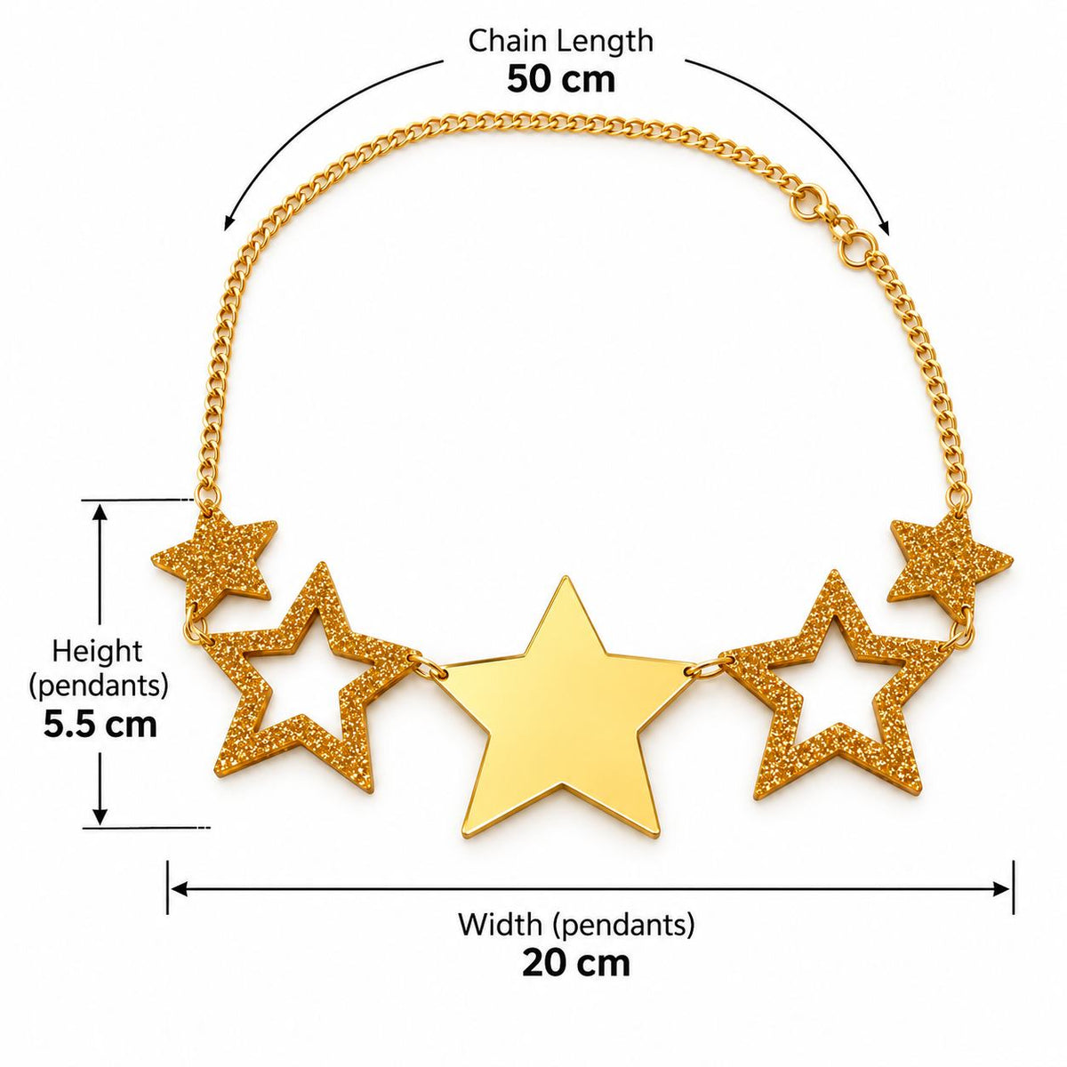 Gold star necklace with a central flat star pendant and three textured star side pendants, shown with measurement annotations for chain length 50 cm, pendant height 5.5 cm, and pendant width 20 cm on a white background.