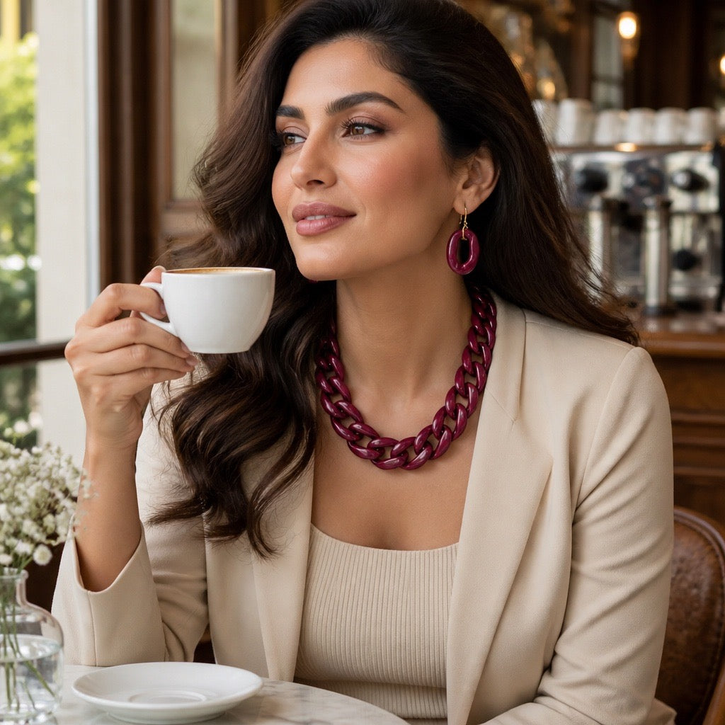 Burgundy Cuban Link Necklace & Earring Set