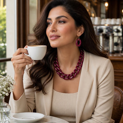 Burgundy Cuban Link Necklace & Earring Set