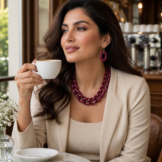 Burgundy Cuban Link Necklace & Earring Set