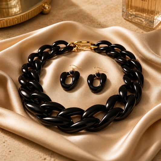Black Cuban Link Necklace & Earring Set
