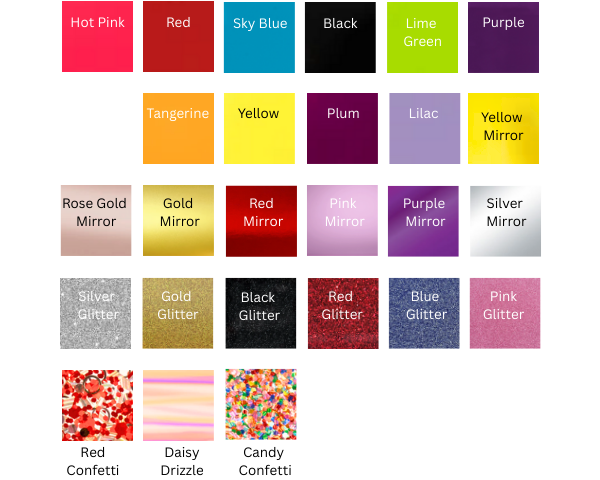 Color swatches including various shades and finishes on a white background