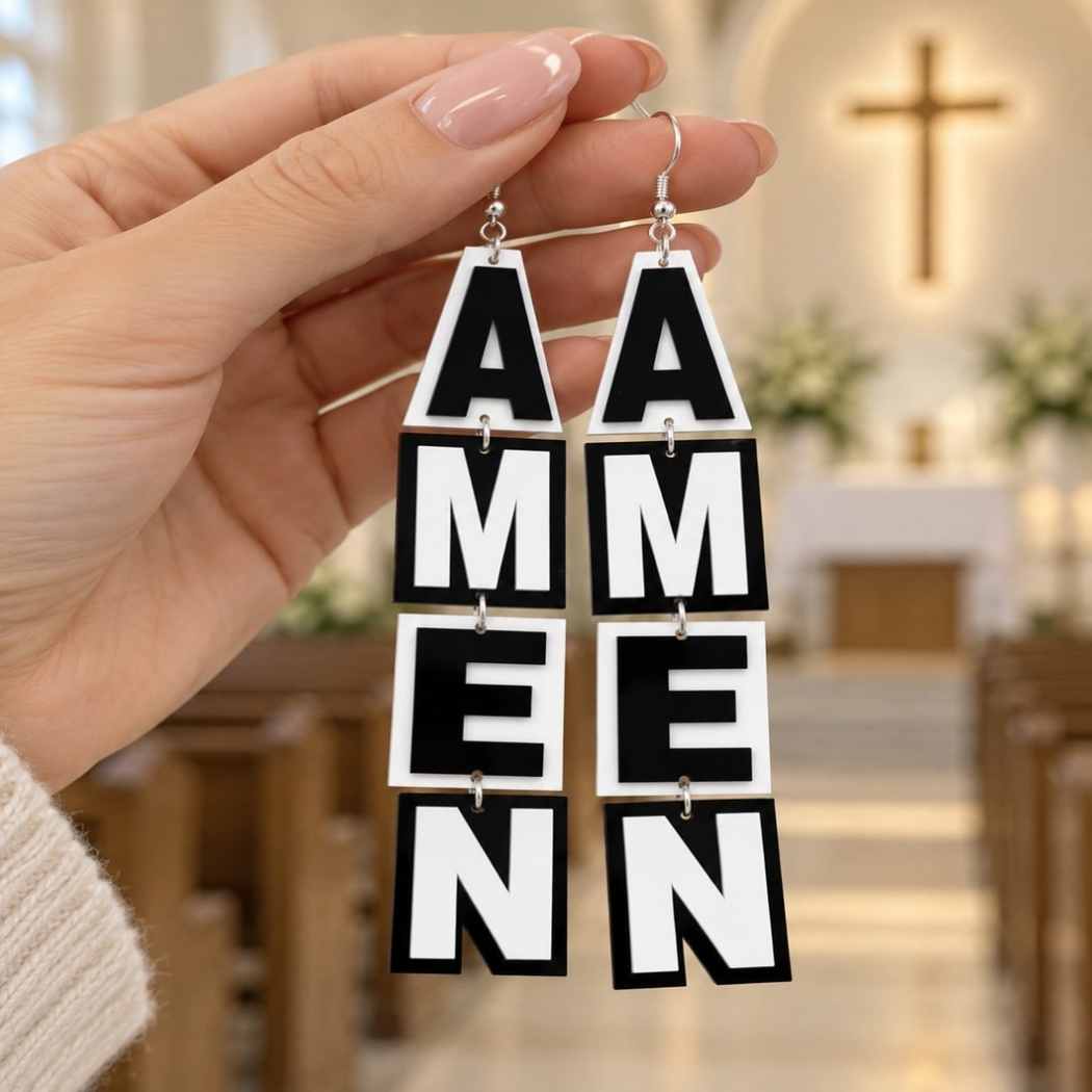 Black and white AMEN statement acrylic drop earrings by SassyBirds