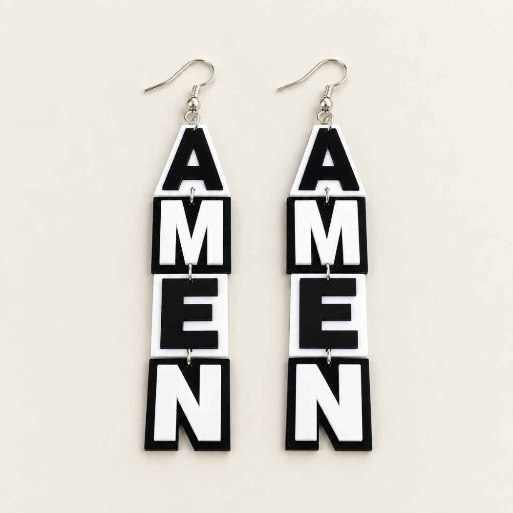 Black and white AMEN statement acrylic drop earrings by SassyBirds