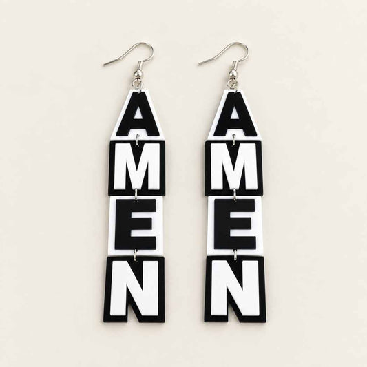 Black and white AMEN statement acrylic drop earrings by SassyBirds