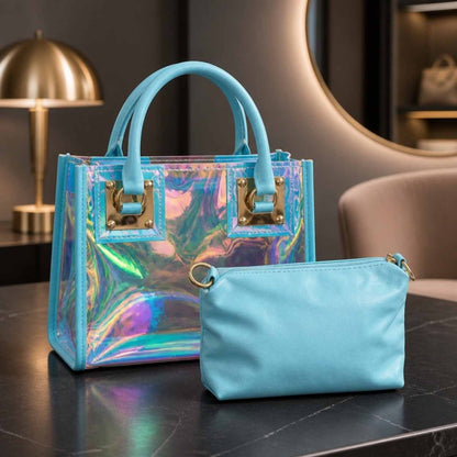Aura Glow Mini Tote Bag – Iridescent Clear Statement Purse with Matching Pouch