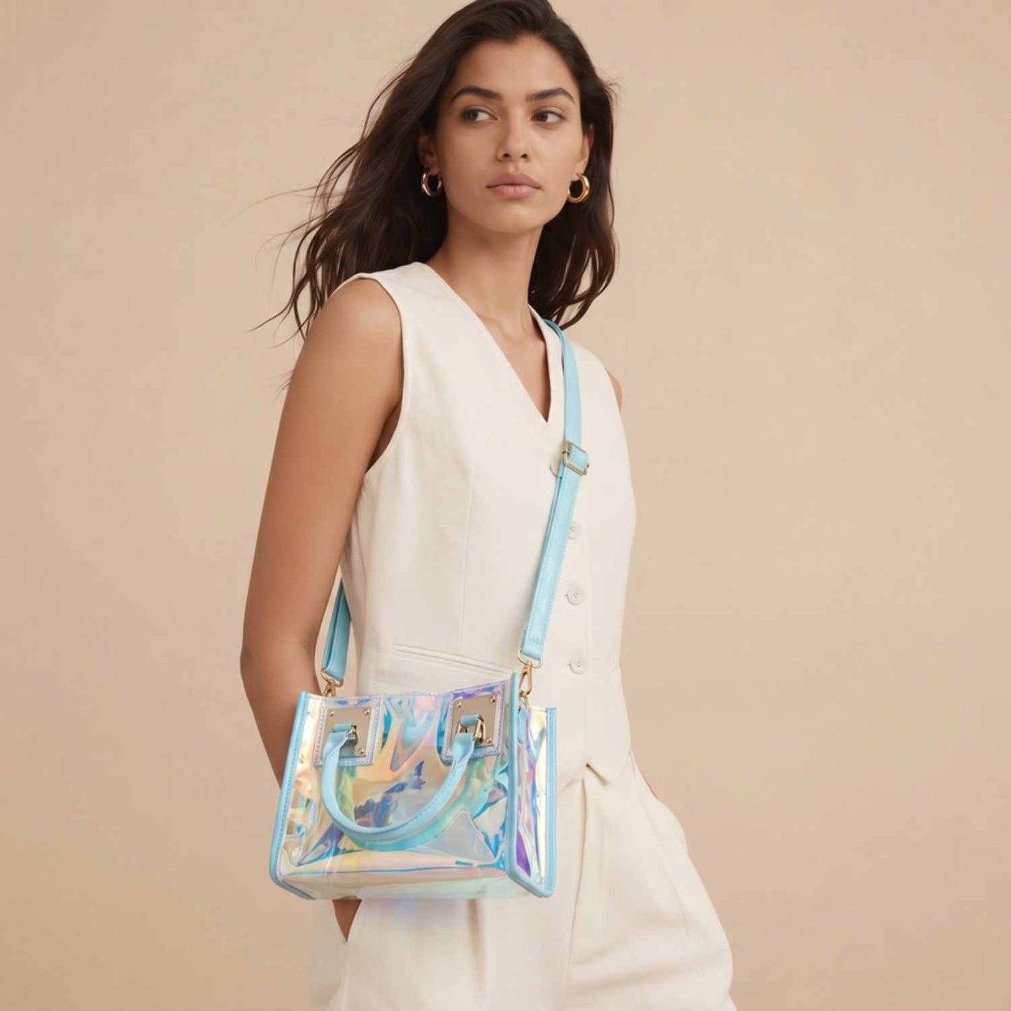 Aura Glow Mini Tote Bag – Iridescent Clear Statement Purse with Matching Pouch