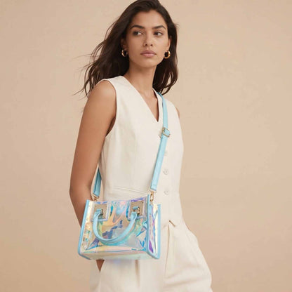 Aura Glow Mini Tote Bag – Iridescent Clear Statement Purse with Matching Pouch