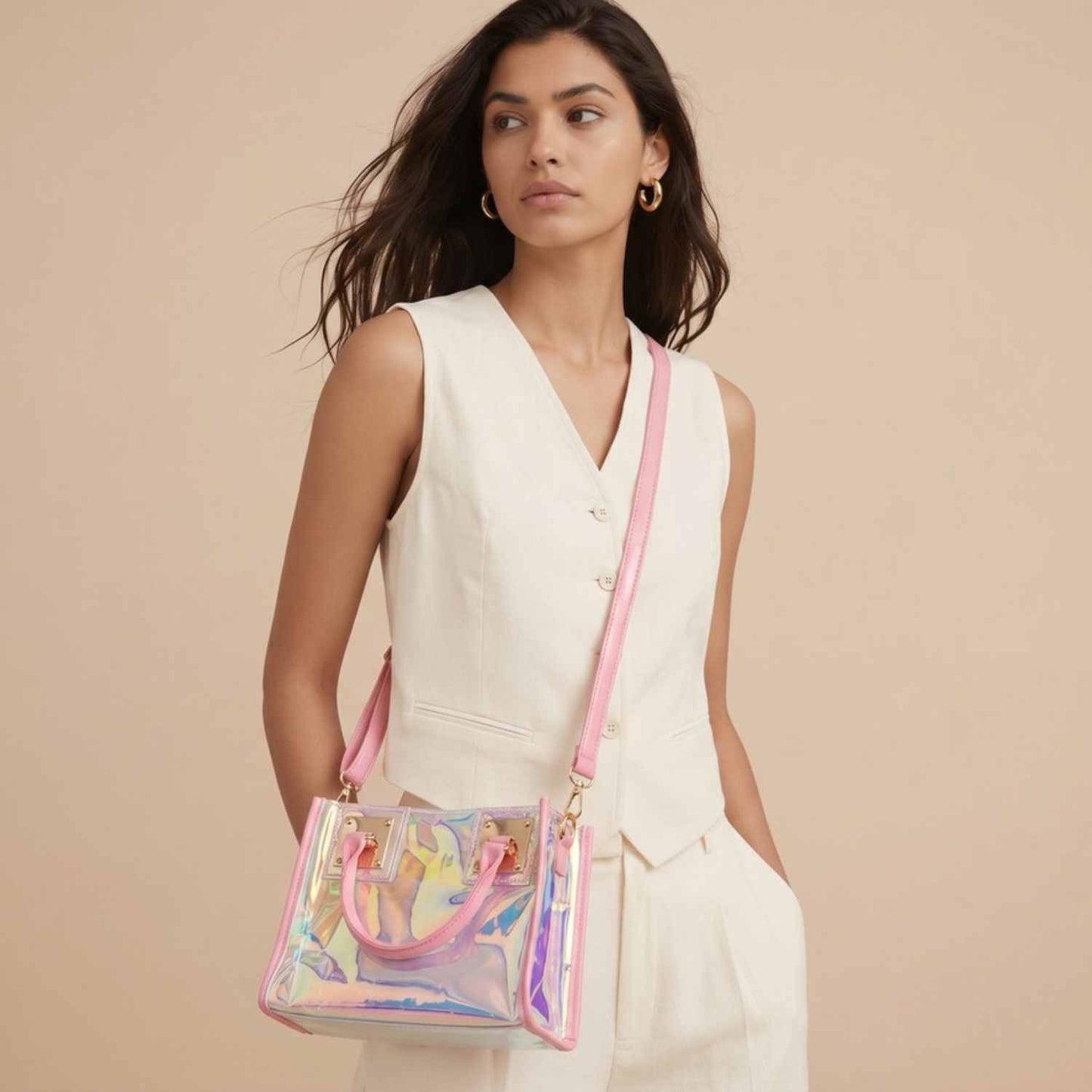 Aura Glow Mini Tote Bag – Iridescent Clear Statement Purse with Matching Pouch