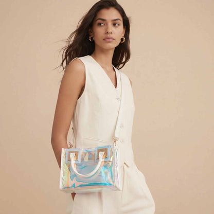 Aura Glow Mini Tote Bag – Iridescent Clear Statement Purse with Matching Pouch