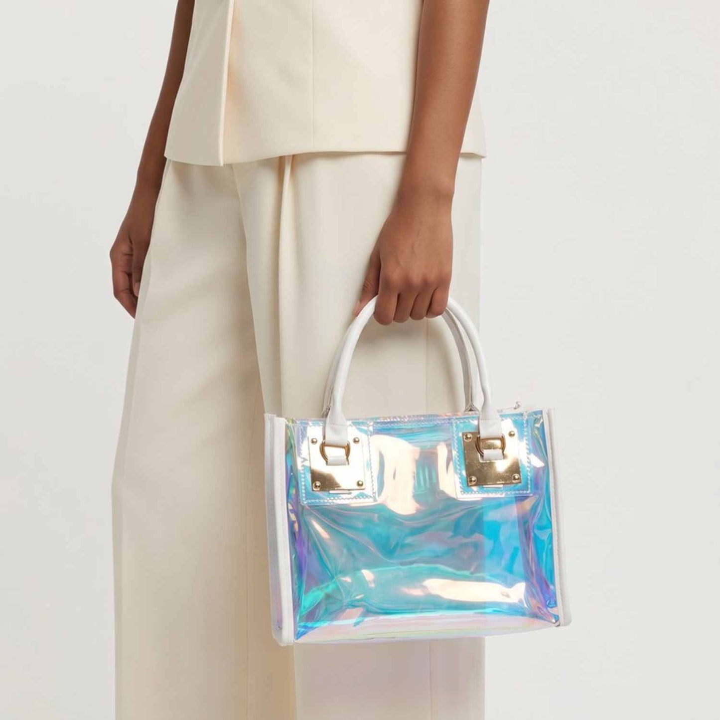 Aura Glow Mini Tote Bag – Iridescent Clear Statement Purse with Matching Pouch