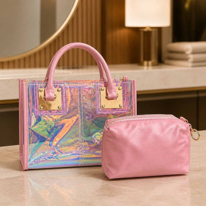 Aura Glow Mini Tote Bag – Iridescent Clear Statement Purse with Matching Pouch