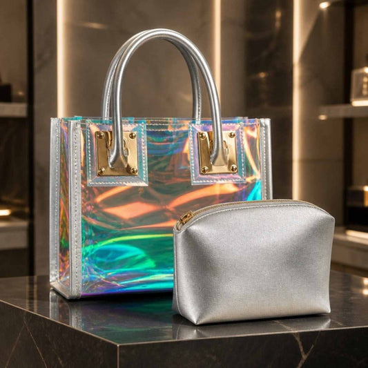Aura Glow Mini Tote Bag – Iridescent Clear Statement Purse with Matching Pouch
