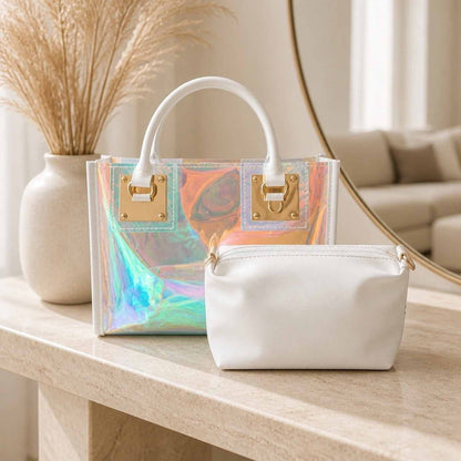 Aura Glow Mini Tote Bag – Iridescent Clear Statement Purse with Matching Pouch