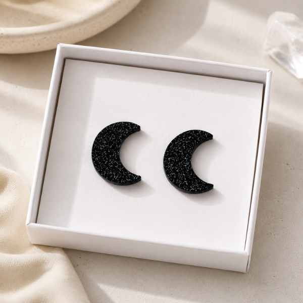 Black Glitter Moon Glow acrylic moon stud earrings