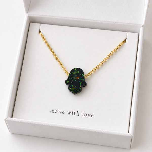 Black glitter acrylic Mini Hamsa Necklace with gold-tone stainless steel chain