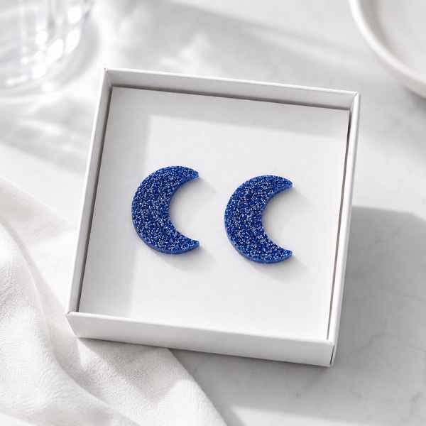 Blue Glitter Moon Glow acrylic moon stud earrings