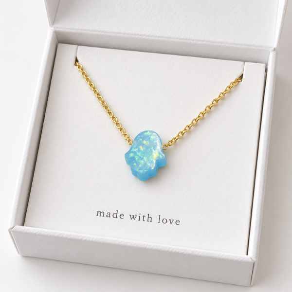 Blue glitter acrylic Mini Hamsa Necklace with gold-tone stainless steel chain