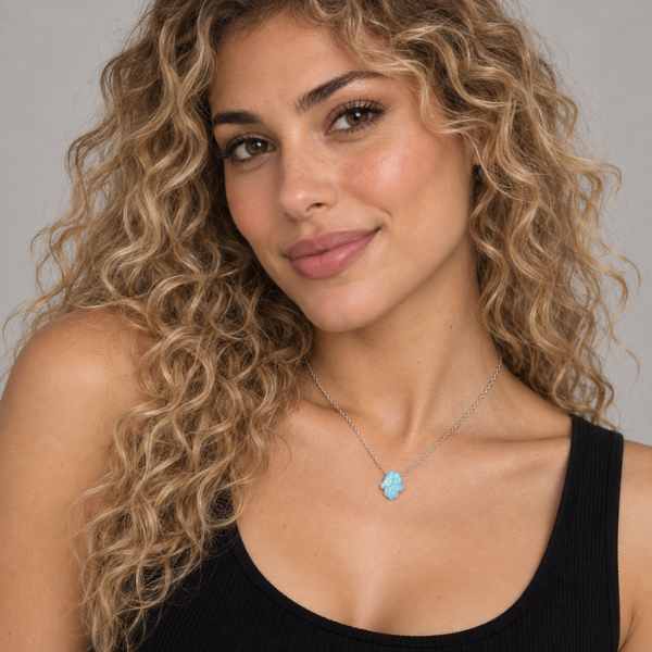 Blue glitter acrylic Mini Hamsa Necklace with gold-tone stainless steel chain