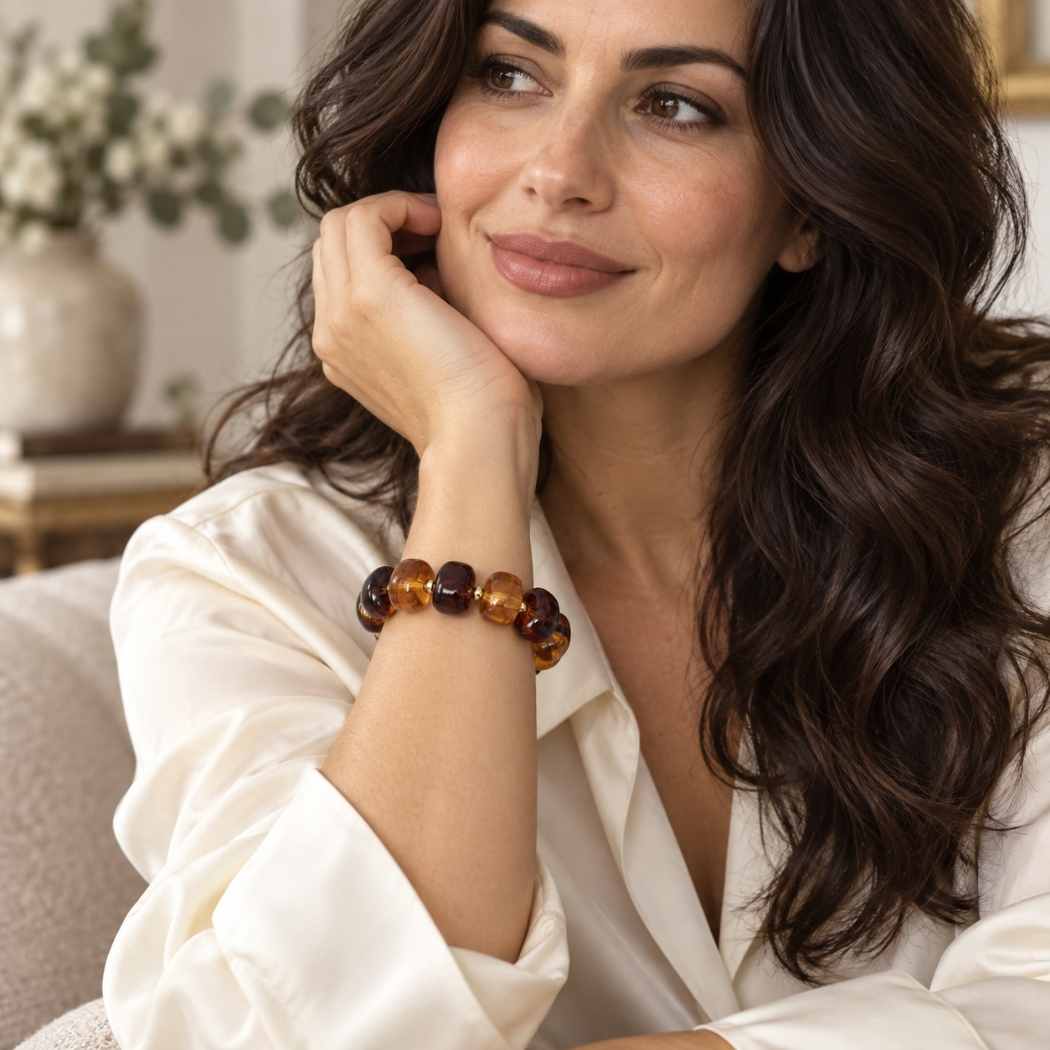 Amber and brown tortoiseshell acrylic bead bracelet on moswl