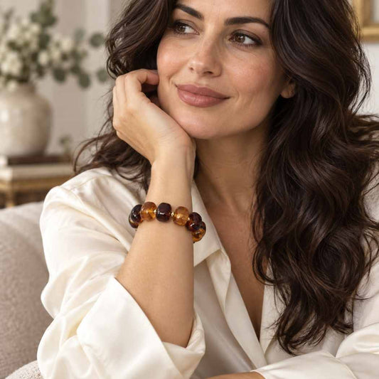 Amber and brown tortoiseshell acrylic bead bracelet on moswl