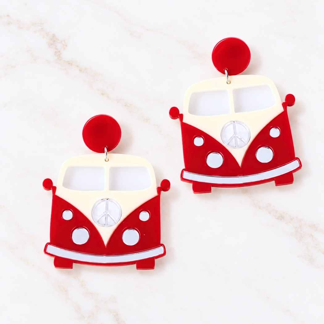 Red and cream retro camper van acrylic statement earrings