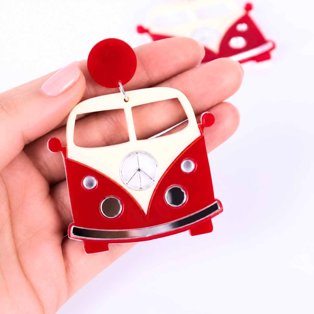 Camper van drop earrings with mirrored silver details