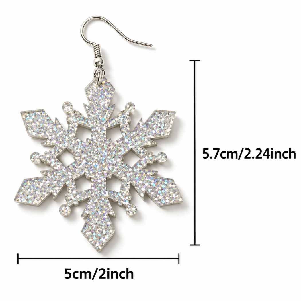 Silver glitter acrylic snowflake statement earrings worn with a cream winter outfit