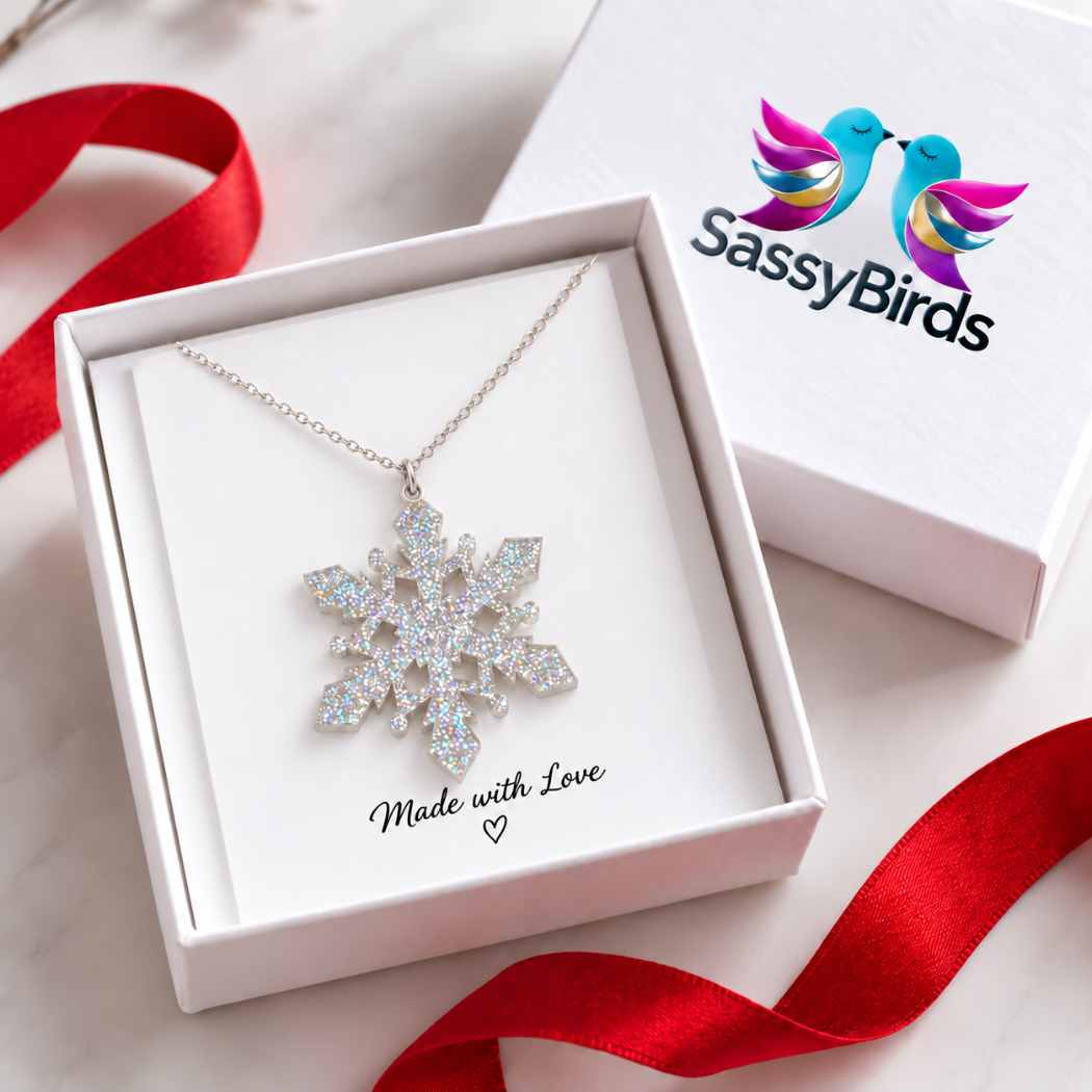 Silver glitter acrylic snowflake necklace on a delicate silver-tone chain in jewellery box
