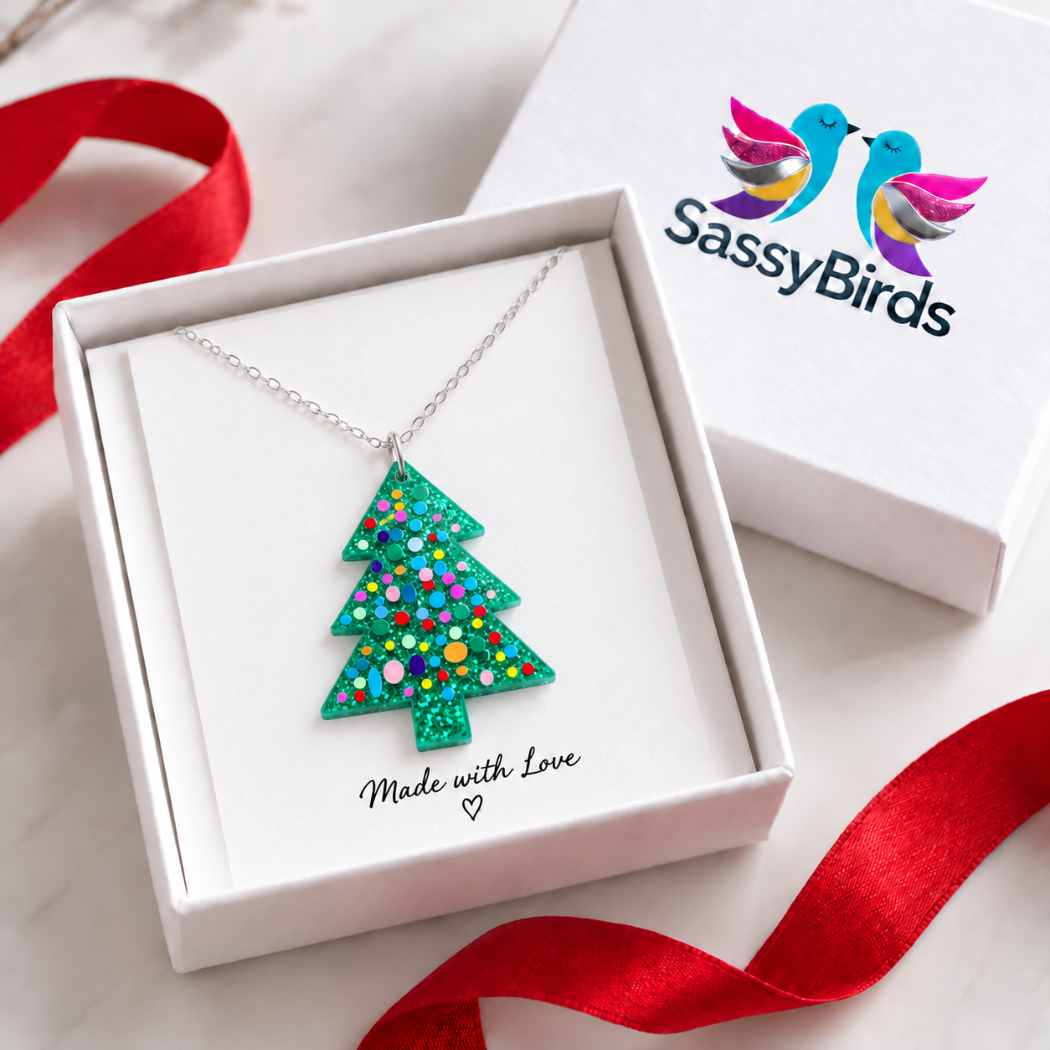 Green glitter acrylic Christmas tree necklace with colourful bauble details on a delicate silver-tone chain
