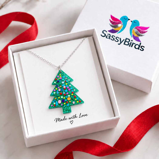 Green glitter acrylic Christmas tree necklace with colourful bauble details on a delicate silver-tone chain