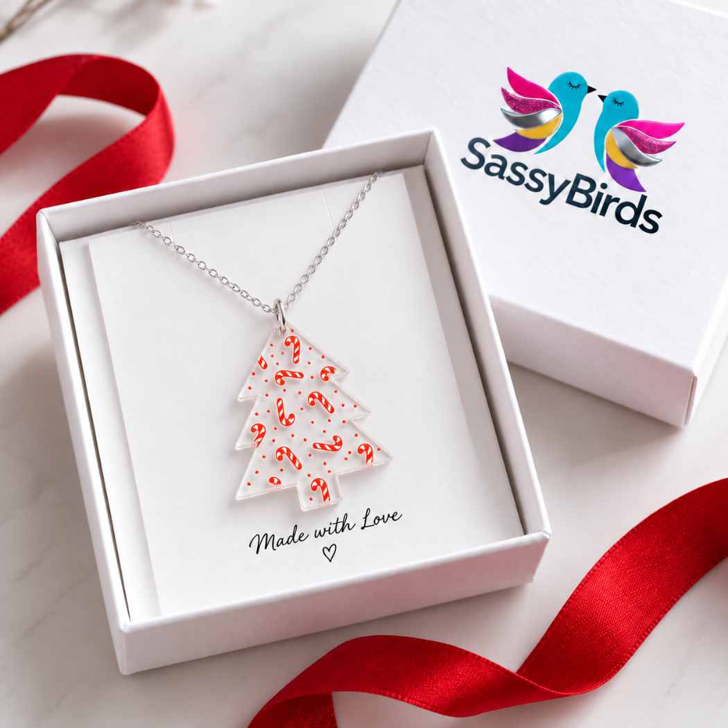 Clear acrylic Christmas tree necklace with red candy cane details on a delicate silver-tone chain