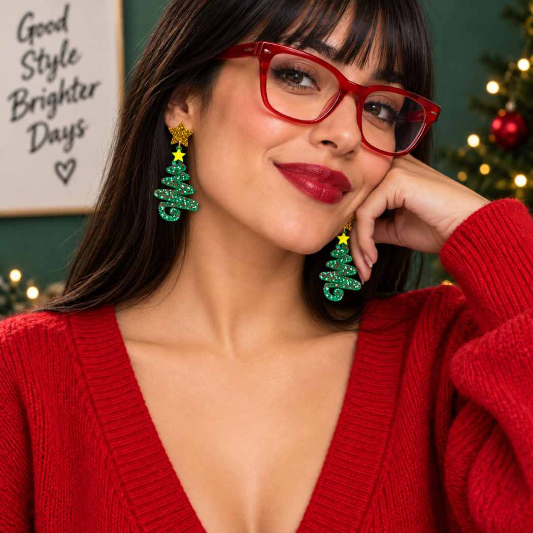 Modern green glitter acrylic Christmas tree earrings with yellow stars and gold glitter star studs