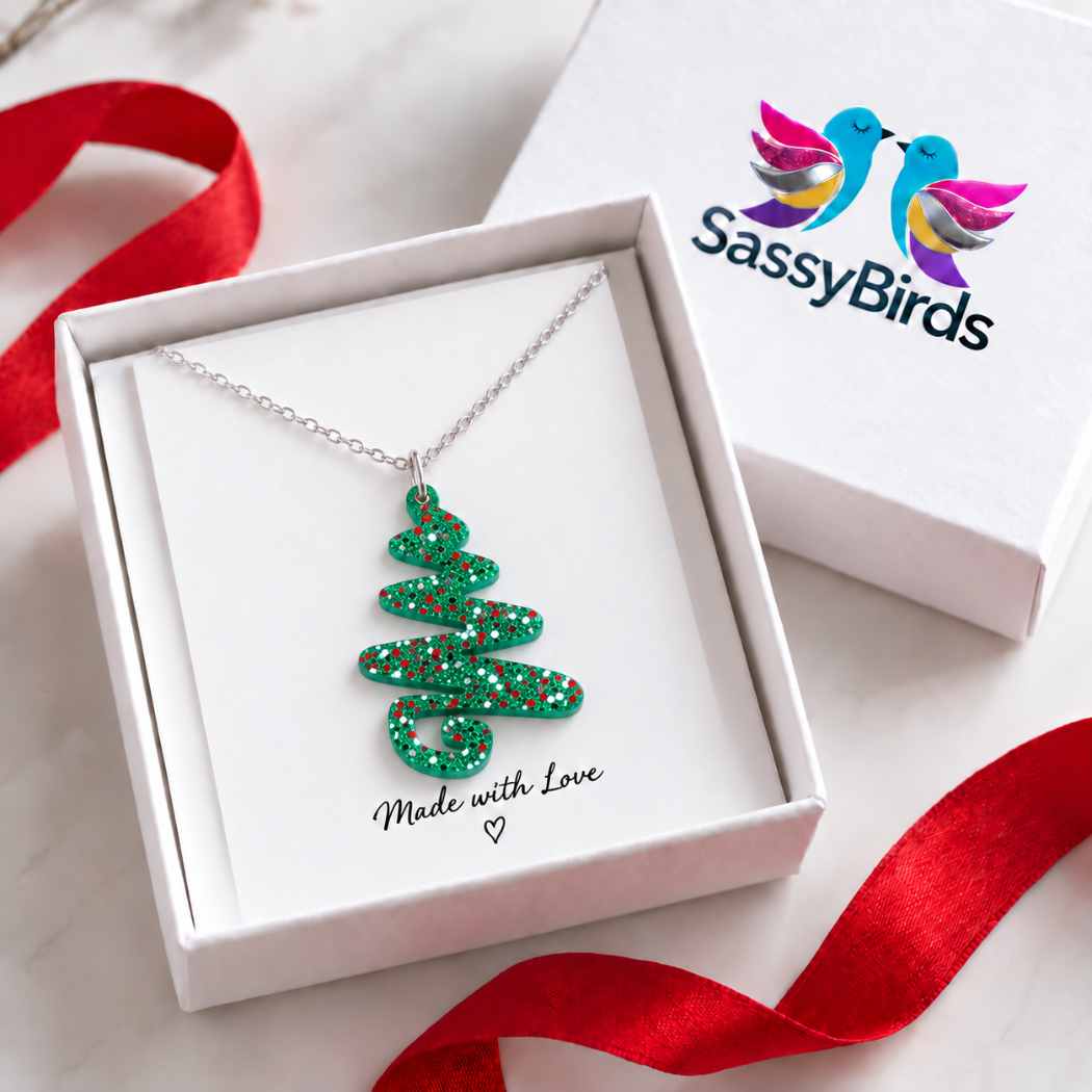 Modern green glitter acrylic Christmas tree necklace on a delicate silver-tone chain