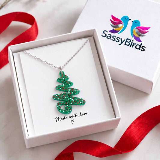 Modern green glitter acrylic Christmas tree necklace on a delicate silver-tone chain