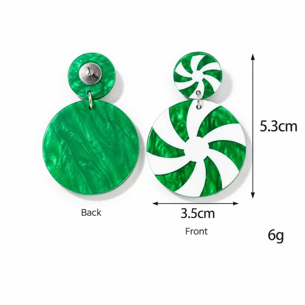 Green and white peppermint candy swirl acrylic Christmas statement earrings