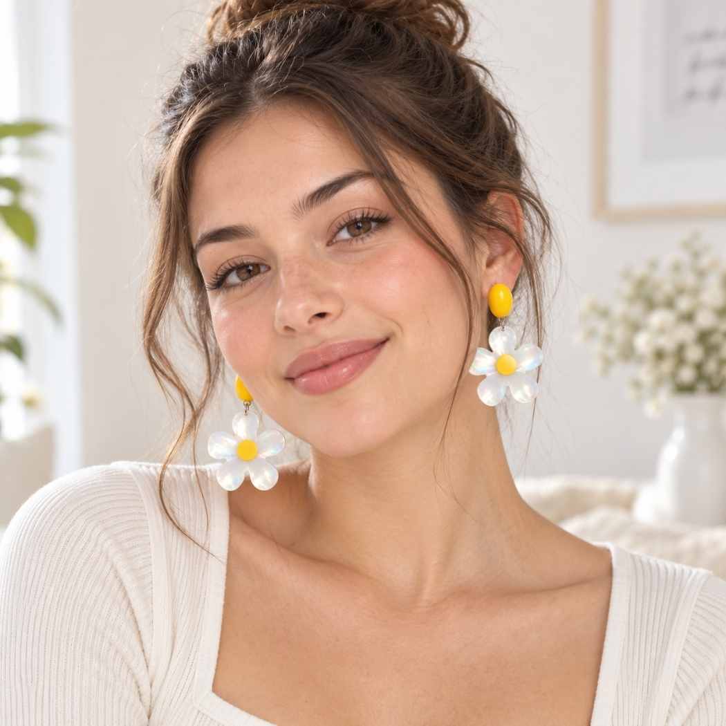 Model wearing opal daisy statement earrings