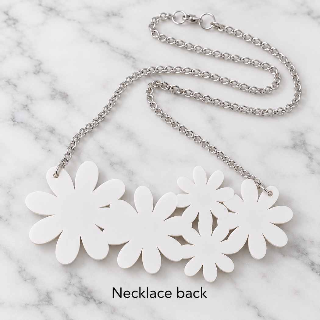 Back view of acrylic flower statement necklace