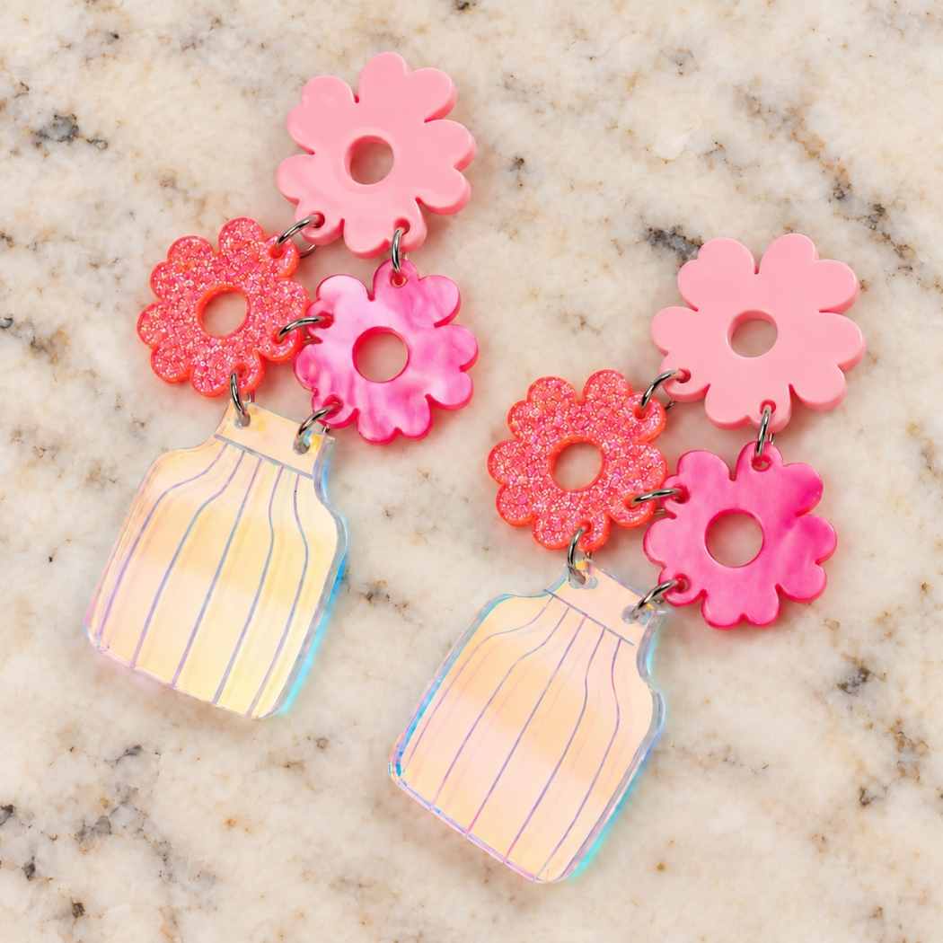 Pink flower vase statement earrings with iridescent acrylic drop
