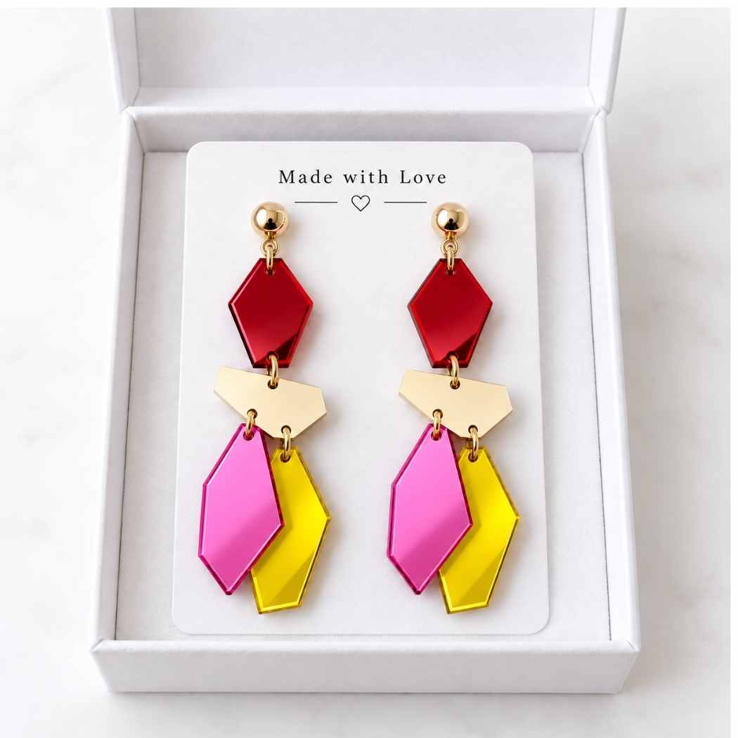Colourful geometric colorful mirror acrylic statement earrings